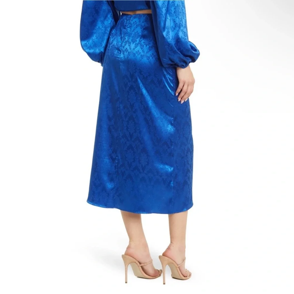 RONNY KOBO Miranda Royal Blue Draped Damask Print Jacquard Skirt